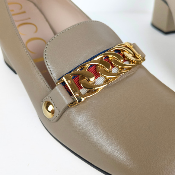 GUCCI Sylvie Loafer Pumps Tan Leather Mid-Heel Chain Web Stripe Women's EU 40 - Picture 8 of 12